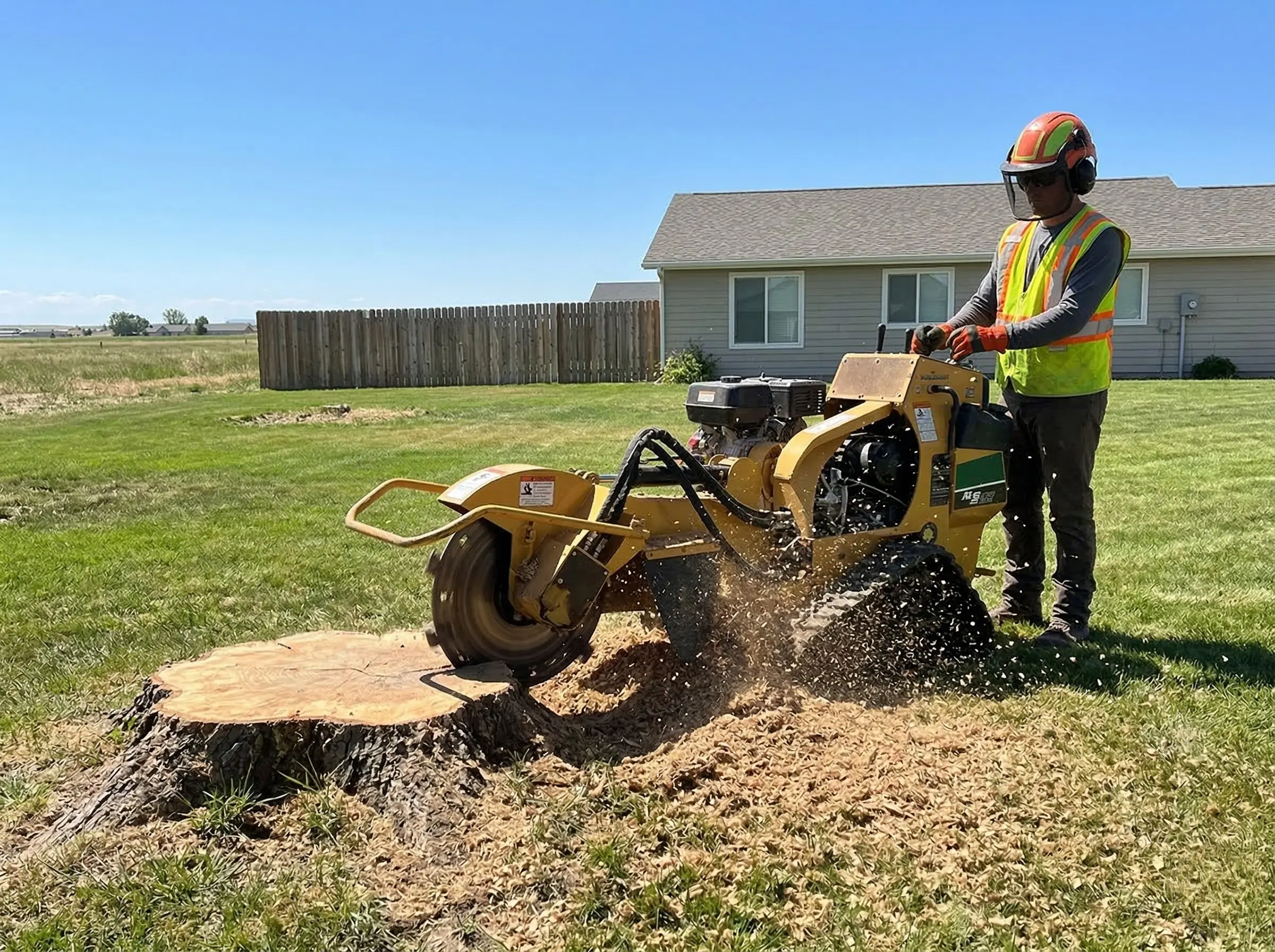 Professional stump grinding machine removing a tree stump in a Boise Idaho yard